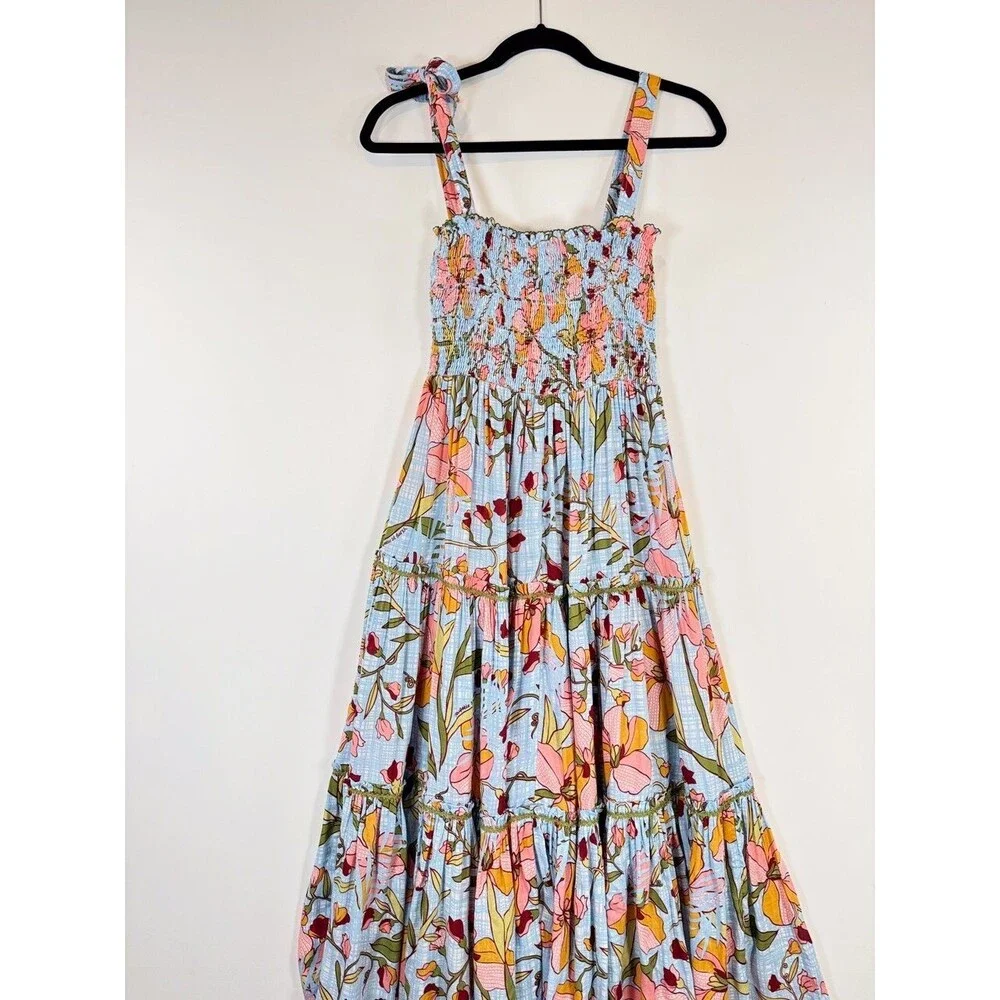 Poupette St Barth Dress Blue Midi Kleid Triny Floral Tank Tiered Smocked Boho XS